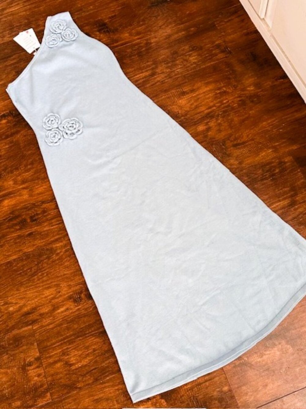 Light Blue One Shoulder Crochet Flower Knit Maxi Dress M - Picture 2 of 10